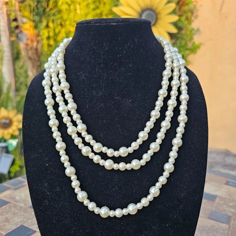 Vintage Mid Century Multistrand Faux Glass Pearl Necklace